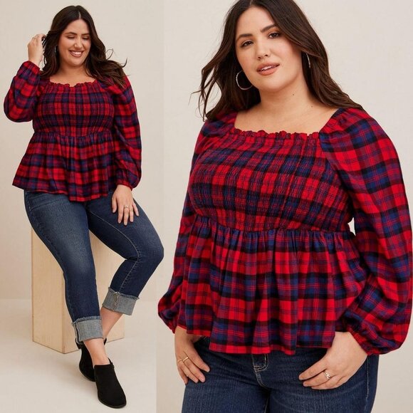Torrid Kelsey Plaid 4X Soft Brushed Rayon Acrylic Smocked Peplum Top Plus Red - Picture 1 of 16
